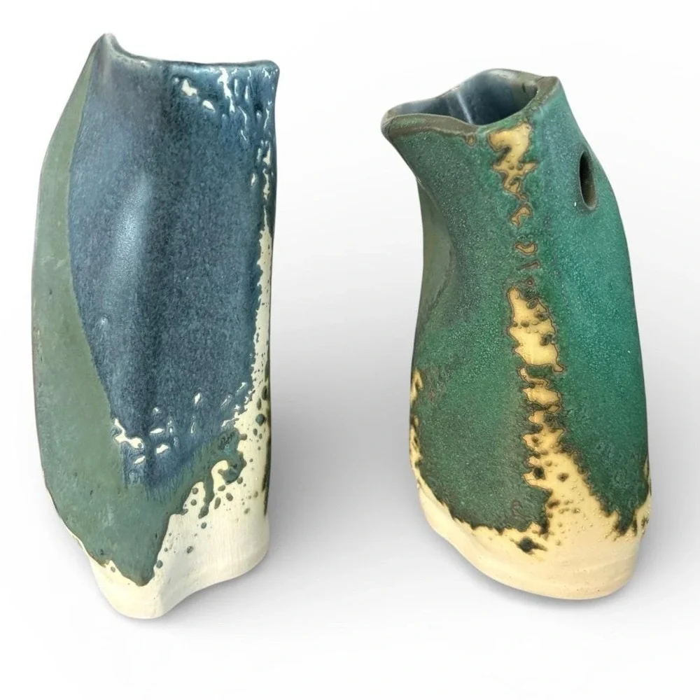Dede Signed Studio Pottery Vases Set of 2 Teal Green Blue Glazed Stoneware